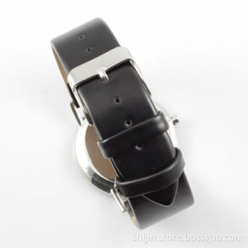 Ultra-thin stainless steel watch with genuine leather band, for men